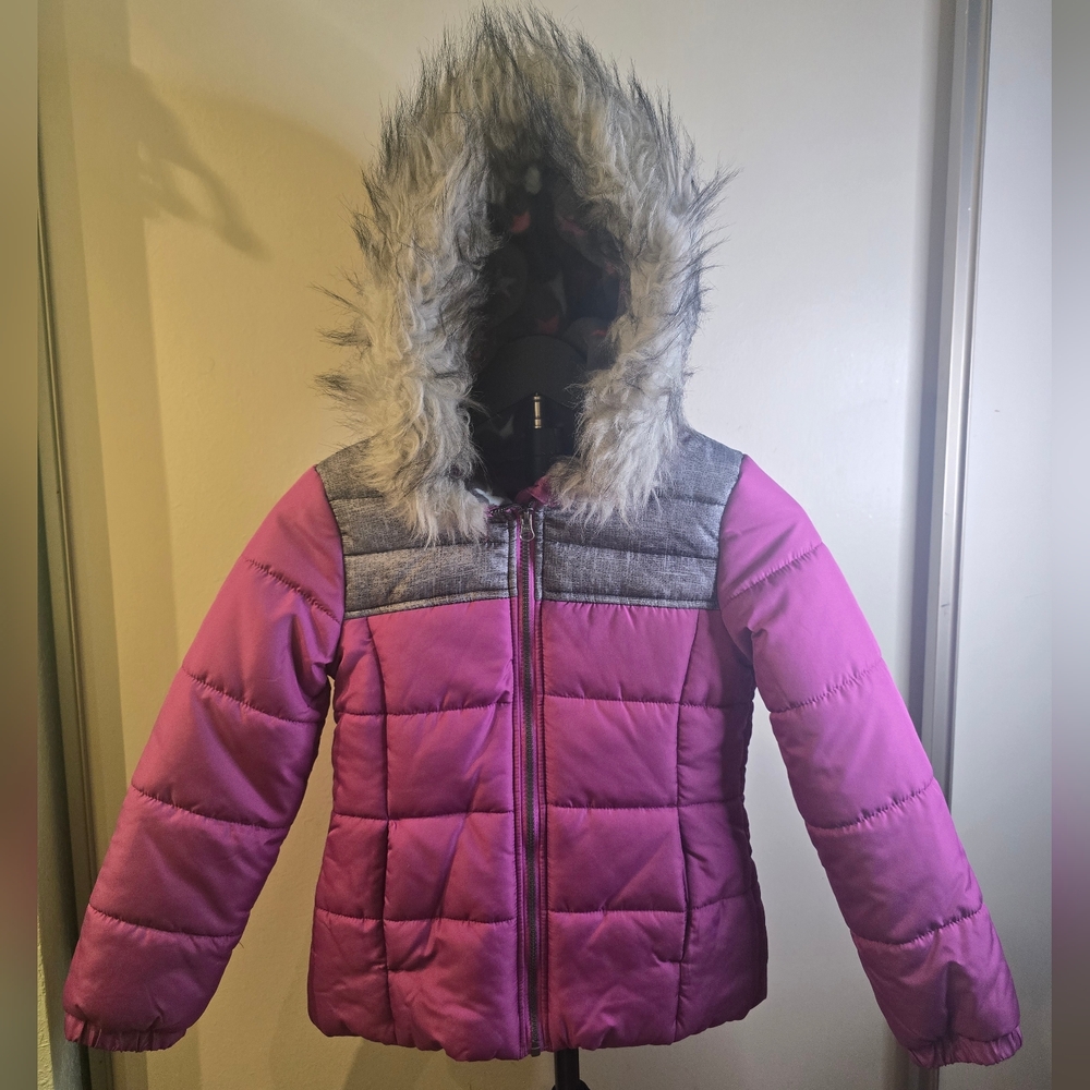 Weathertamer Kids Purple Puffer Jacket with Faux Fur Hood